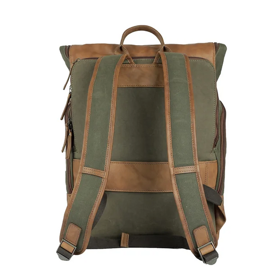 Rucksack mit Überschlag in Grün|Cognac aus Canvas und Leder - leder-accessoires.com