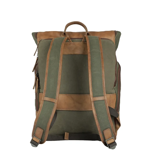 Rucksack mit Überschlag in Grün|Cognac aus Canvas und Leder