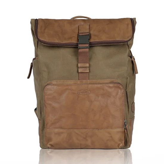 Rucksack mit Überschlag in Beige|Cognac aus Canvas und Leder - leder-accessoires.com