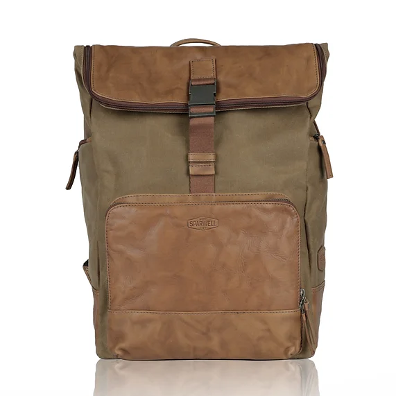 Rucksack mit Überschlag in Beige|Cognac aus Canvas und Leder