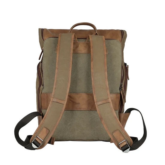 Rucksack mit Überschlag in Beige|Cognac aus Canvas und Leder - leder-accessoires.com