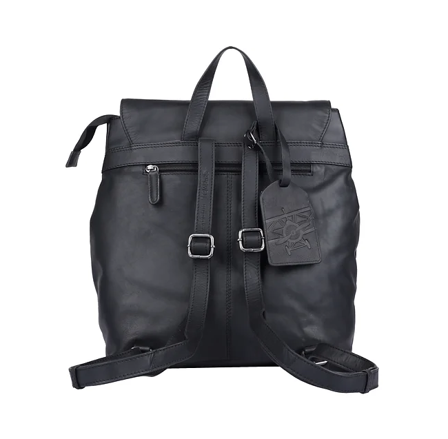 Rucksack mit Überschlag in Schwarz aus Leder