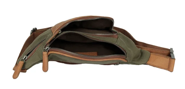 Gürteltasche|Bodybag in Grün|Cognac aus Leder und Canvas - leder-accessoires.com