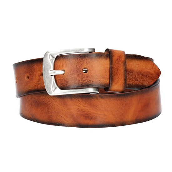 Jeansgürtel 40mm in Cognac mit Airbrushkante und Dornschließe Altsilber - leder-accessoires.com