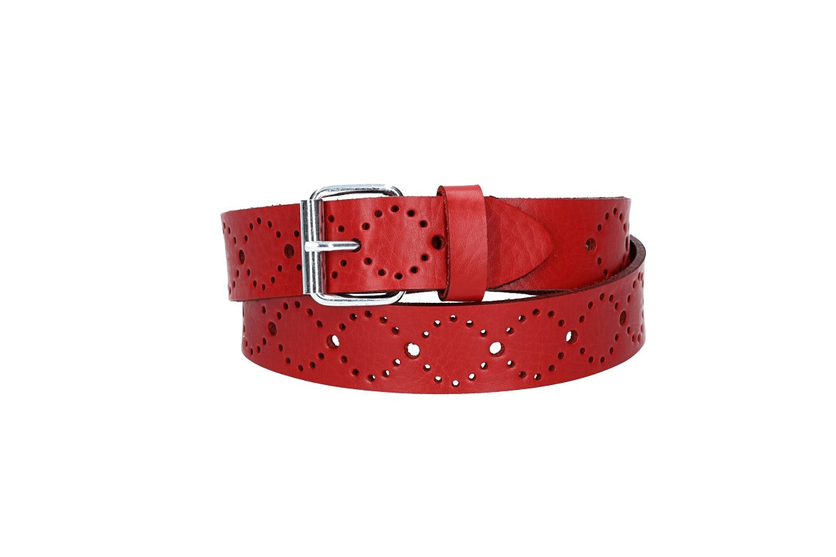 Ledergürtel Kids 25mm in Rot mit Lochmuster und Schließe Silber