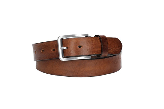 Ledergürtel Cognac 35mm mit Dornschließe in Silber - leder-accessoires.com