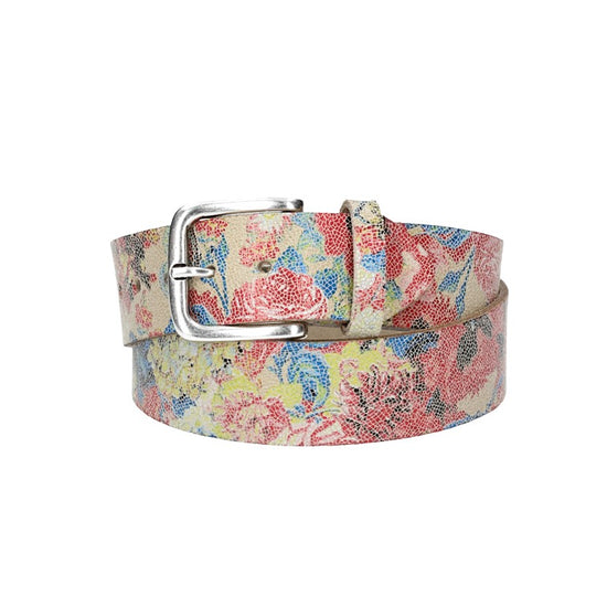 Ledergürtel Kids 30mm in Beige mit floralem Muster und Schließe Silber - leder-accessoires.com