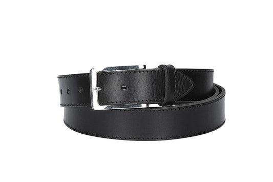 Ledergürtel Überlänge Schwarz 35mm abgenäht mit glänzender Schließe - leder-accessoires.com