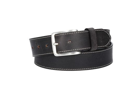 Ledergürtel Schwarz 40mm abgenäht mit Dornschließe in Silber - leder-accessoires.com