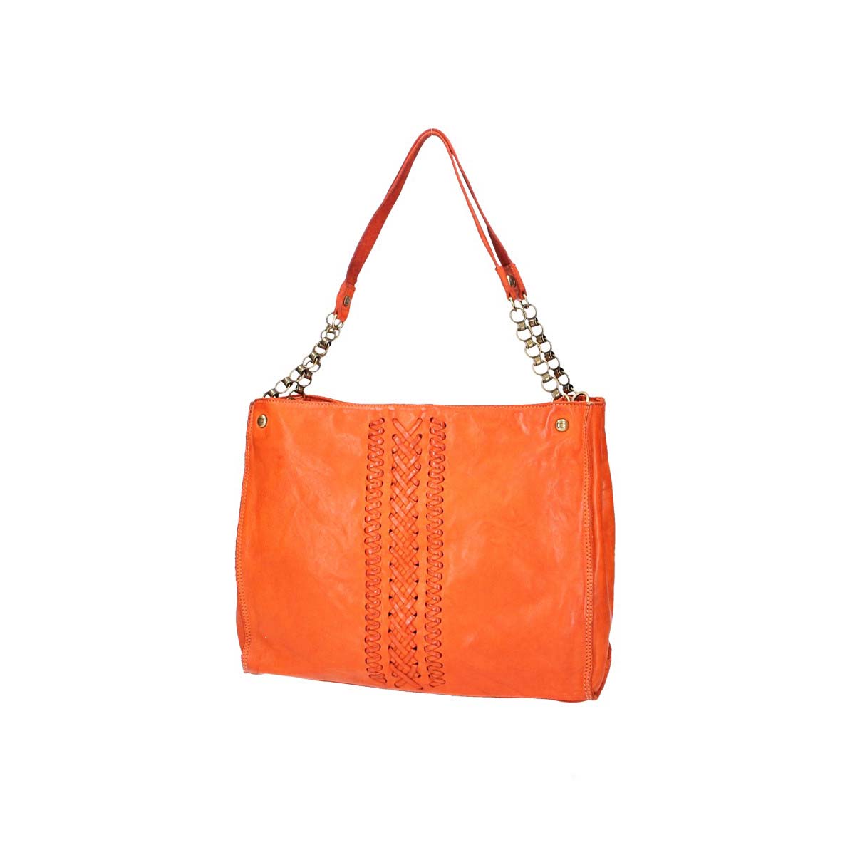 Schultertasche in Orange aus Leder mit Flechtmuster und Kettenriemen