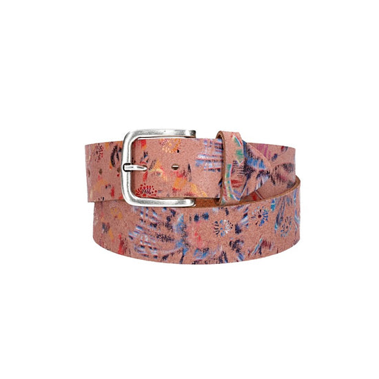 Ledergürtel Kids 30mm in Rosa mit floralem Muster und Schließe Silber - leder-accessoires.com