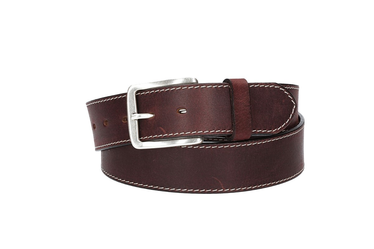 Ledergürtel Rot|Bordeaux 40mm abgenäht mit Dornschließe in Silber