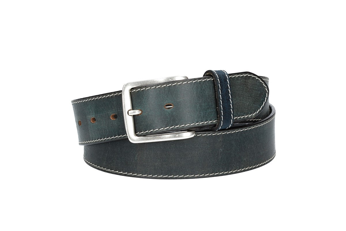 Ledergürtel Blau|Marine 40mm abgenäht mit Dornschließe in Silber