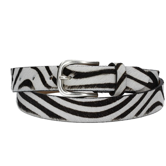 Fellgürtel 30mm in Zebraoptik mit Dornschließe in Silber - leder-accessoires.com