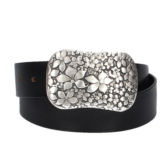 Ledergürtel Schwarz 40mm mit Blumenschließe|Koppelschließe - leder-accessoires.com