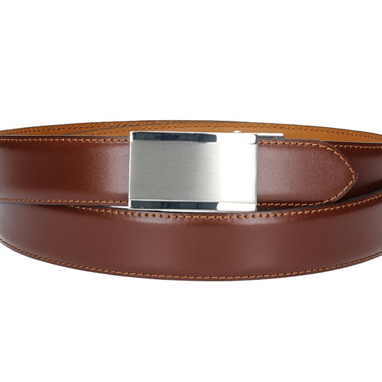 Anzugs| Automatikgürtel 35mm bombiert und abgenäht in Cognac mit Koppelschließe - leder-accessoires.com