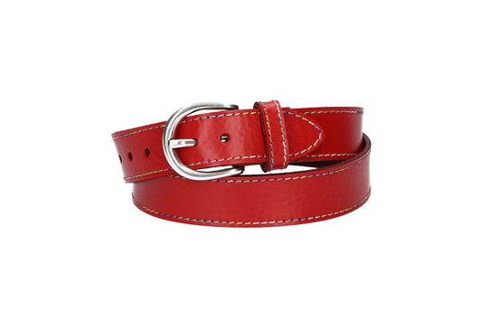 Ledergürtel Kids 25mm in Rot mit Multicolornaht und Dornschließe in Silber