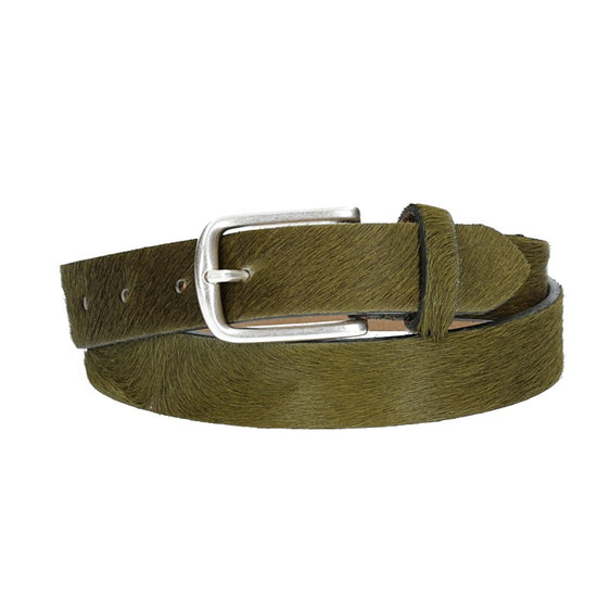 Fellgürtel 30mm in Oliv mit Dornschließe in Silber - leder-accessoires.com