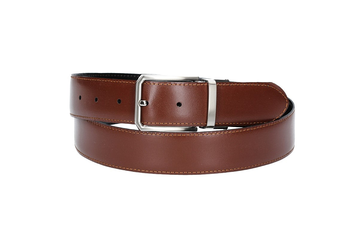 Wende-|Anzugsgürtel 35mm abgenäht in Cognac|Schwarz mit Dornschließe - leder-accessoires.com