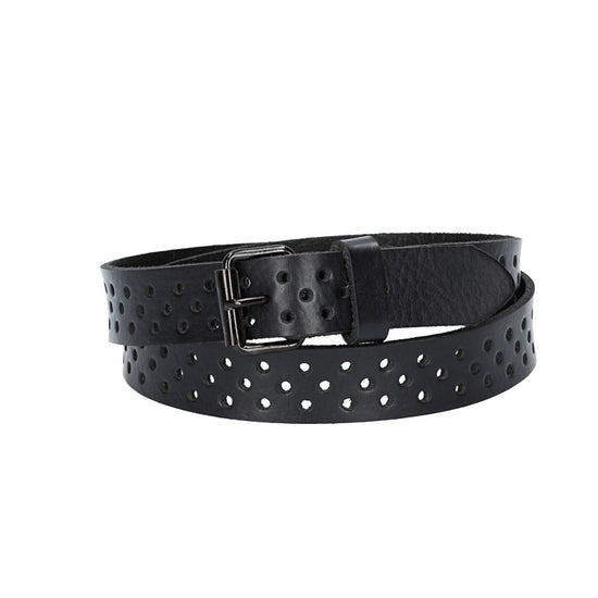 Ledergürtel Mini 20mm in Schwarz mit durchgehender Lochung und dunkler Rollschließe - leder-accessoires.com