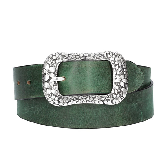 Ledergürtel Grün 40mm mit Blumenschließe - leder-accessoires.com