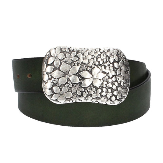 Ledergürtel Grün 40mm mit Blumenschließe|Koppelschließe - leder-accessoires.com