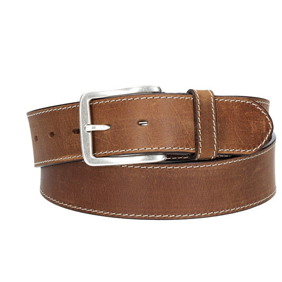 Ledergürtel Cognac 40mm abgenäht mit Dornschließe in Silber - leder-accessoires.com