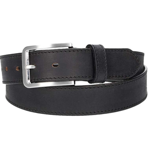 Ledergürtel Schwarz 35mm abgenäht mit Dornschließe in Silber - leder-accessoires.com