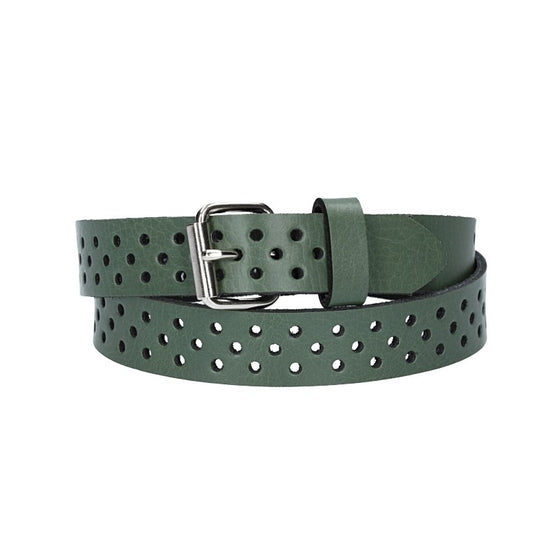Ledergürtel Mini 20mm in Grün mit durchgehender Lochung und dunkler Rollschließe - leder-accessoires.com