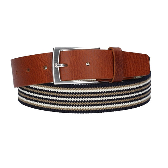 Stretchgürtel|Bandgürtel 35mm in Cognac gestreift mit Dornschließe - leder-accessoires.com