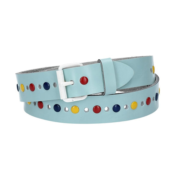 Ledergürtel Kids 25mm in Hellblau mit durchgehender Lochung, bunten Nieten und weißer Rollschließe - leder-accessoires.com