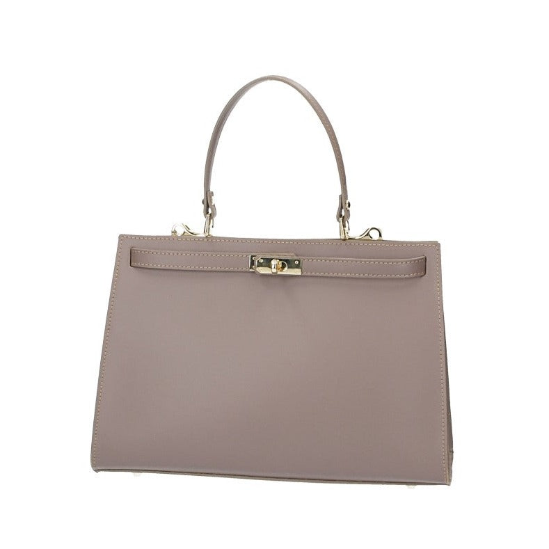 Handtasche aus Leder in Taupe mit Schloss in Gold