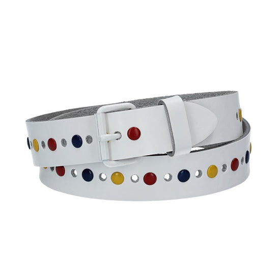 Ledergürtel Kids 25mm in Weiß mit durchgehender Lochung, bunten Nieten und weißer Rollschließe - leder-accessoires.com