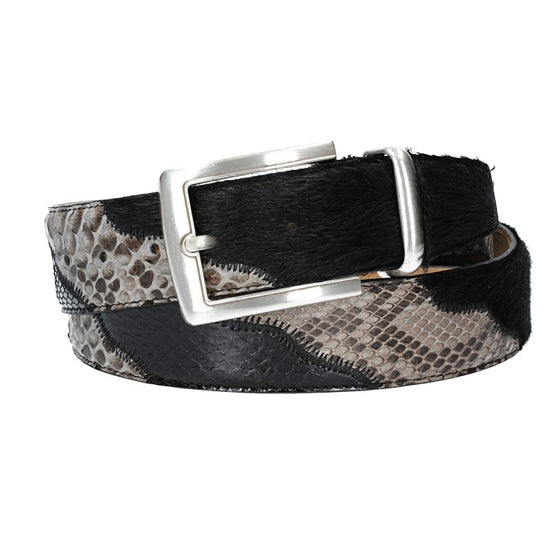 Schlangengürtel 40mm in Schwarz mit Fell und Dornschließe in Silber - leder-accessoires.com