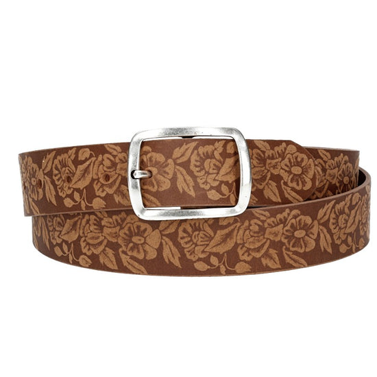 Ledergürtel 35mm in Cognac|Blumenprägung mit Vollschließe in Silber - leder-accessoires.com