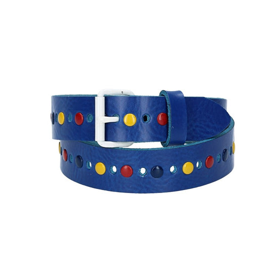Ledergürtel Kids 25mm in Kobaltblau mit durchgehender Lochung, bunten Nieten und weißer Rollschließe - leder-accessoires.com