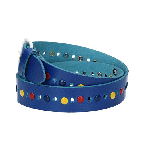 Ledergürtel Kids 25mm in Kobaltblau mit durchgehender Lochung, bunten Nieten und weißer Rollschließe - leder-accessoires.com