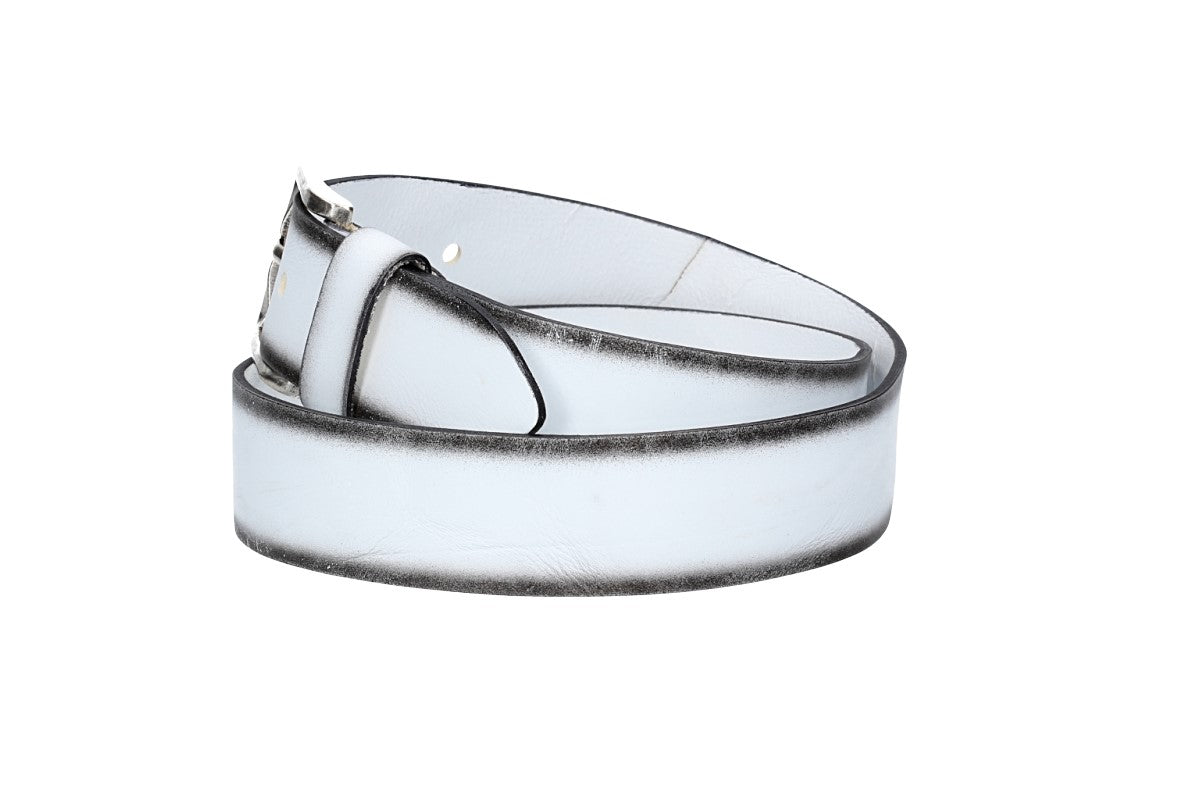 Jeansgürtel 40mm in Weiß mit Airbrushkante und Dornschließe Altsilber