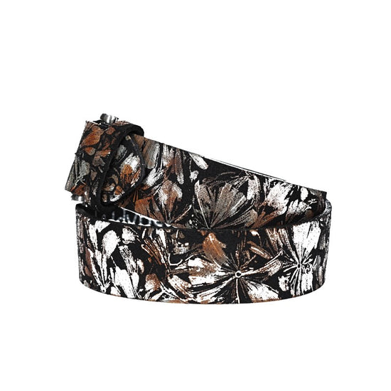 Ledergürtel Kids 30mm in Schwarz mit Blumenmuster und Schließe Silber - leder-accessoires.com