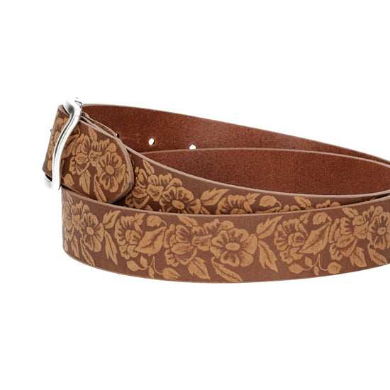 Ledergürtel 35mm in Cognac|Blumenprägung mit Vollschließe in Silber - leder-accessoires.com