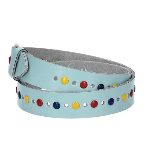 Ledergürtel Kids 25mm in Hellblau mit durchgehender Lochung, bunten Nieten und weißer Rollschließe - leder-accessoires.com