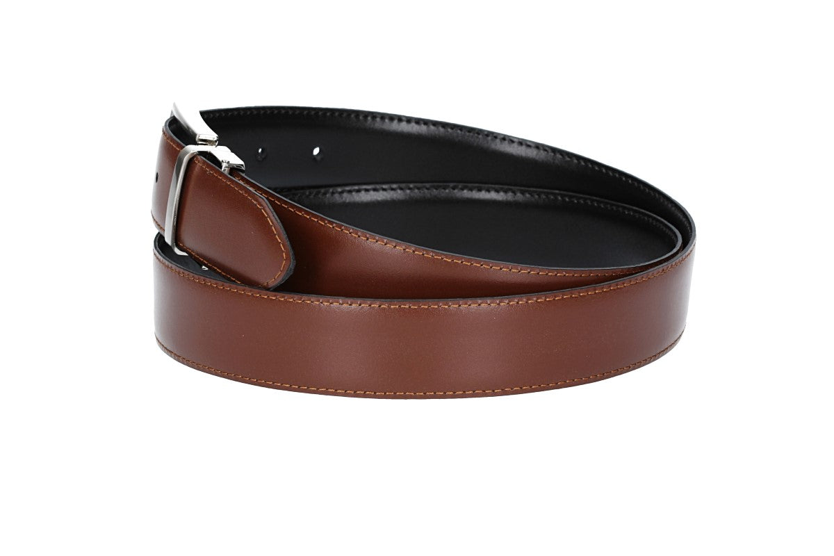 Wende-|Anzugsgürtel 35mm abgenäht in Cognac|Schwarz mit Dornschließe - leder-accessoires.com