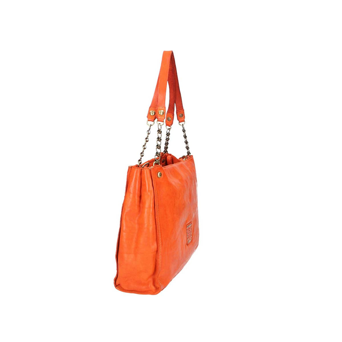 Schultertasche in Orange aus Leder mit Flechtmuster und Kettenriemen