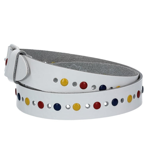 Ledergürtel Kids 25mm in Weiß mit durchgehender Lochung, bunten Nieten und weißer Rollschließe - leder-accessoires.com