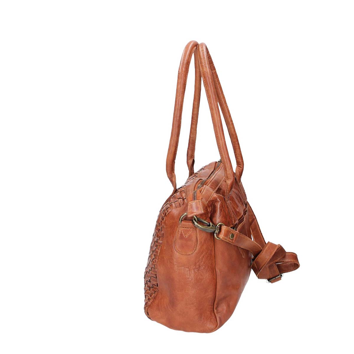 Schultertasche in Cognac mit Flechtmuster aus Leder