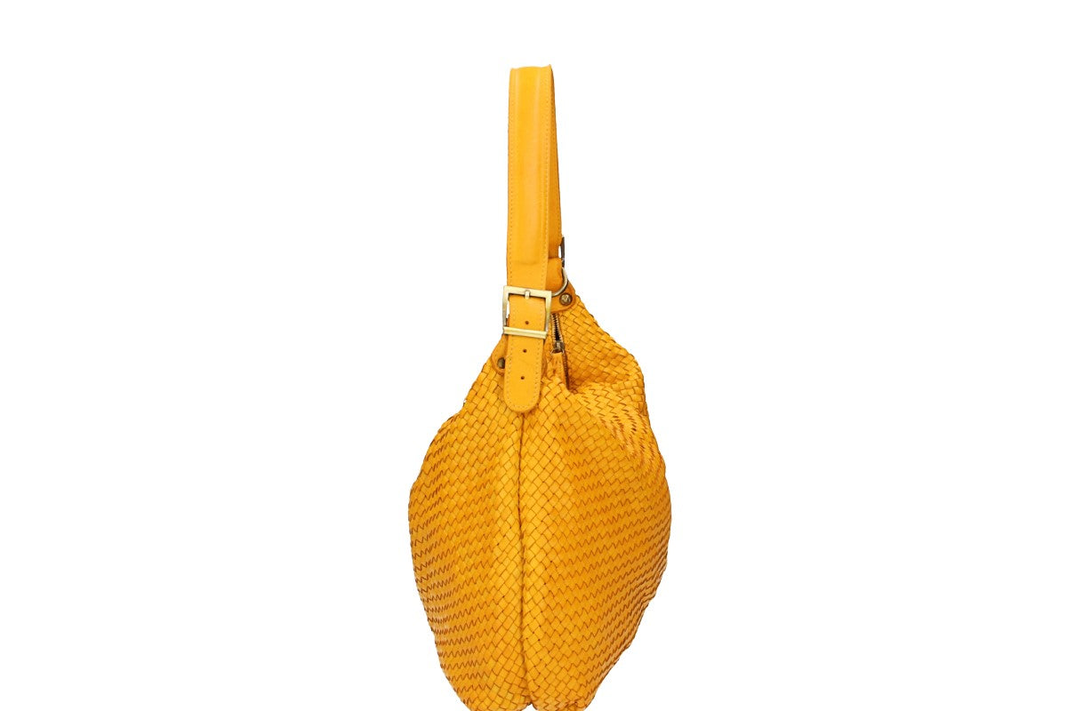 Beuteltasche in Gelb|Ocker mit Flechtung aus Leder