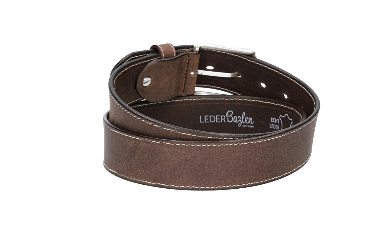 Ledergürtel Braun 40mm abgenäht mit Dornschließe in Silber