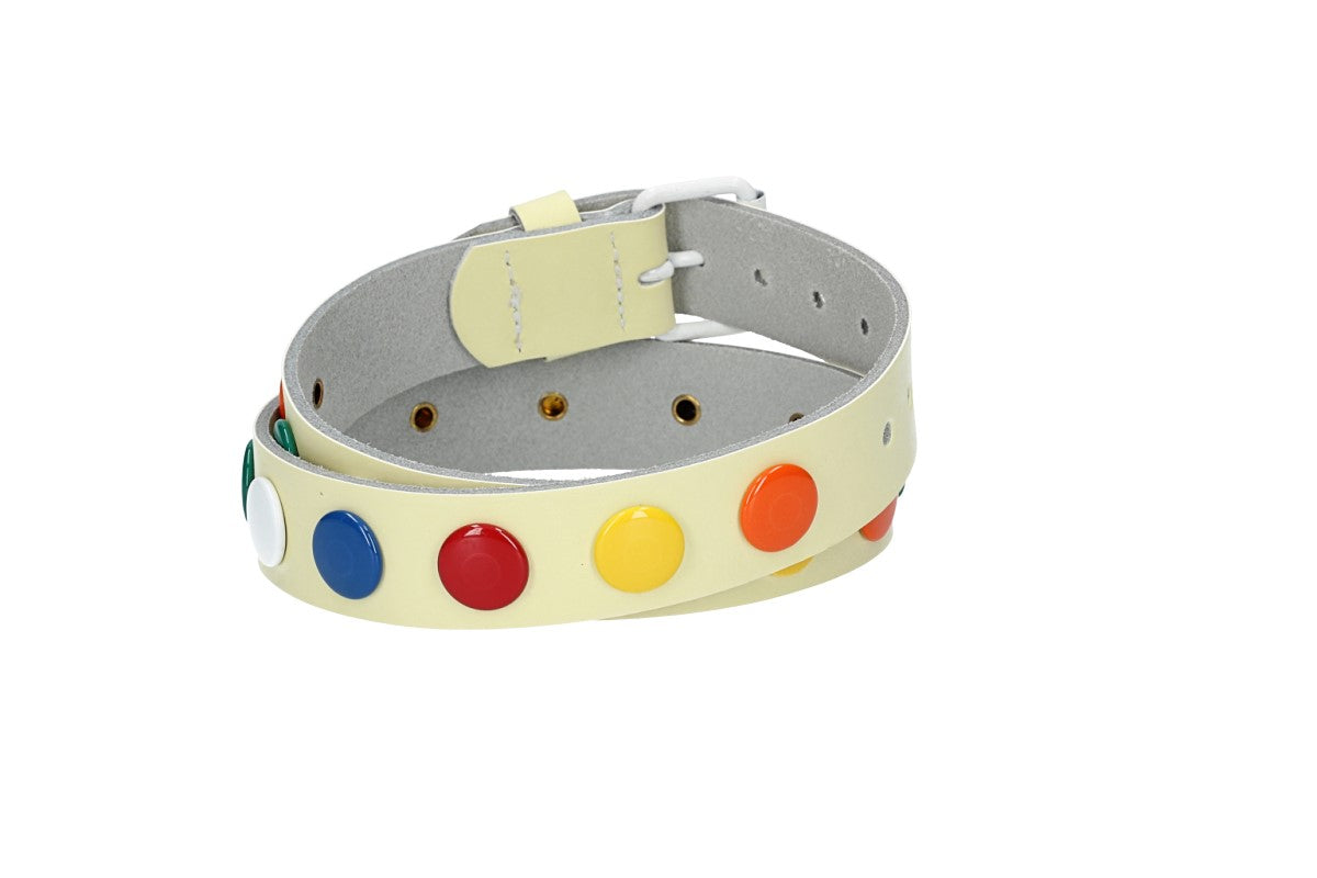 Ledergürtel Kids 25mm in Hellgelb mit bunten Nieten und Rollschließe Weiß