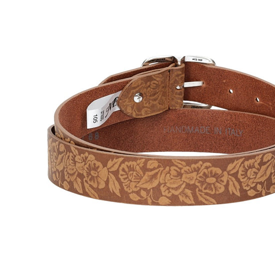 Ledergürtel 35mm in Cognac|Blumenprägung mit Vollschließe in Silber - leder-accessoires.com
