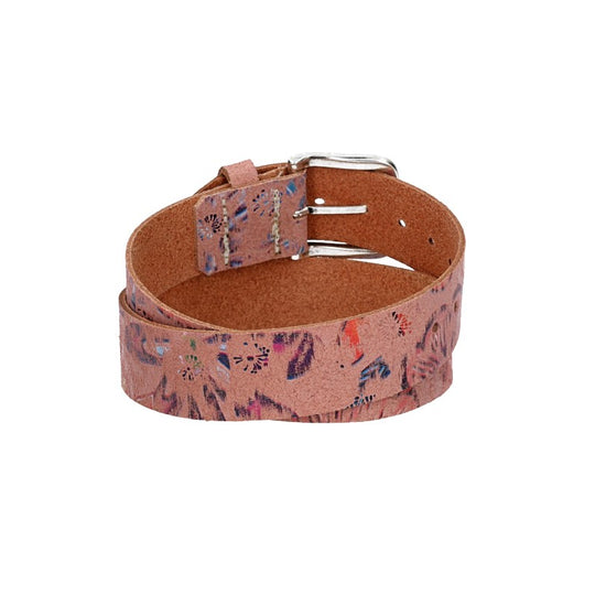 Ledergürtel Kids 30mm in Rosa mit floralem Muster und Schließe Silber - leder-accessoires.com